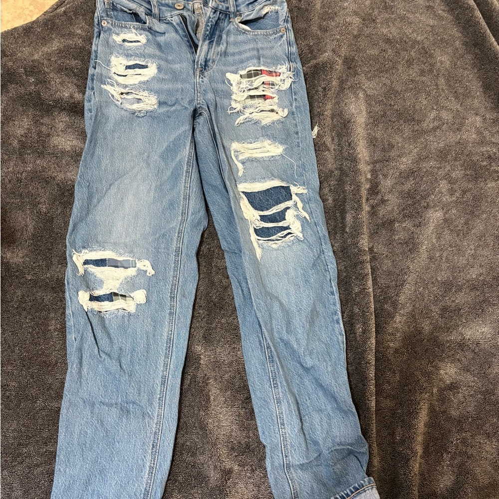 American Eagle Outfitters Blue Distressed High Rise Mom Jeans